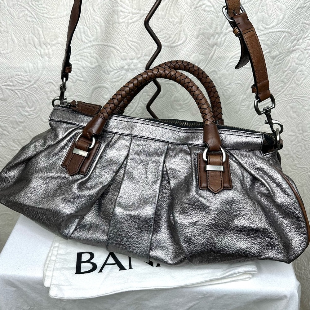 Banana Republic Y2K Leather Metallic Pewter Satchel Bag Braided Handles Dustbag